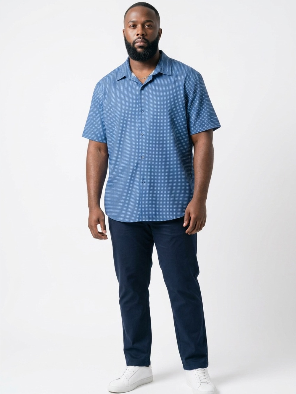 Shaquille O’Neal Men's Blue Micro-Print Short Sleeve Button-Up Shirt Tall 2XL